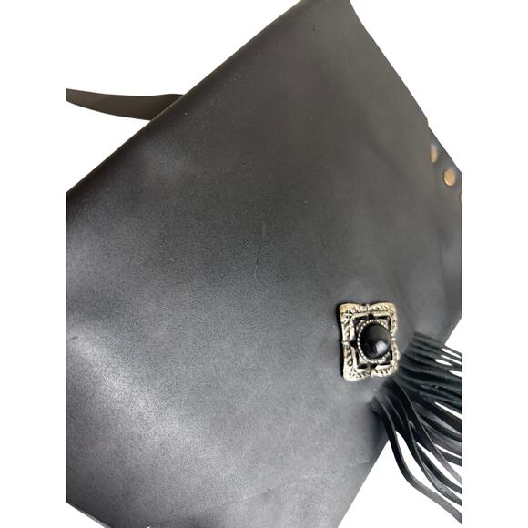 Black Leather Fringe Envelope Style Slim Shoulder Bag Boho Western Vibes - Picture 3 of 13